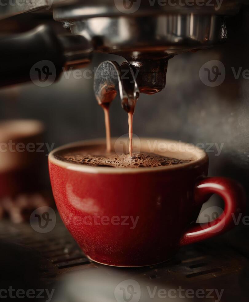 Close-up shot of espresso pouring from the portafilter into a red ceramic cup. photo