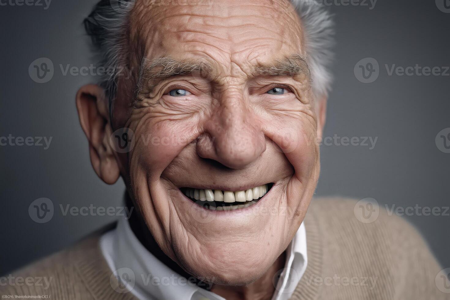 A close-up portrait of an elderly man with a bright, joyful smile and expressive eyes. photo