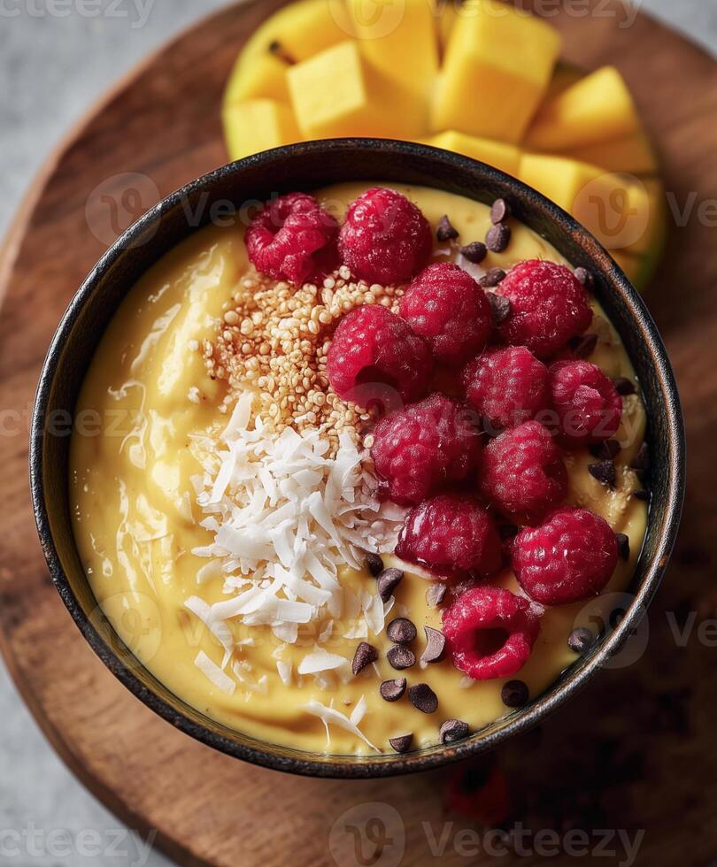 A dark ceramic bowl filled with thick, creamy mango smoothie, topped with a vibrant pile of frozen raspberries, toasted coconut flakes, puffed quinoa, and a few chocolate chips. photo