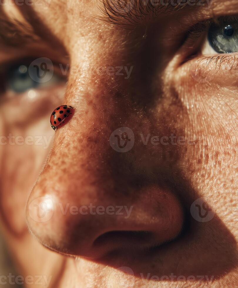 A highly detailed macro portrait of a persons face with light freckles, focusing on the nose where a red ladybug with black spots is gently crawling. photo
