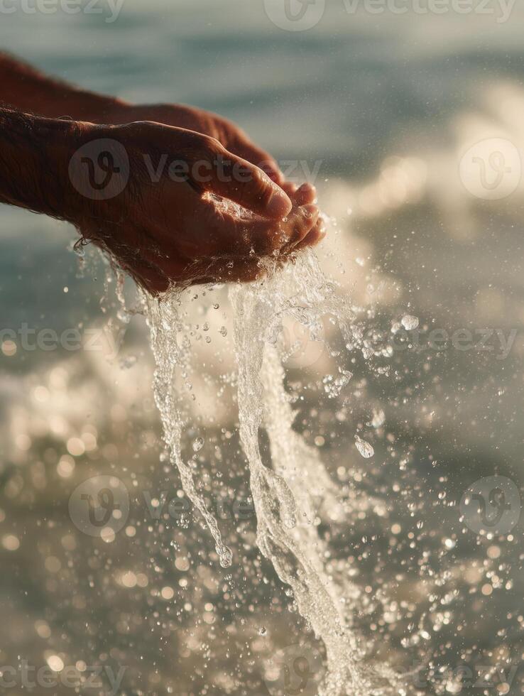 A close-up shot of adult hands gently cupping and lifting water from the sea, with clear splashes and shimmering droplets illuminated by golden sunlight. photo
