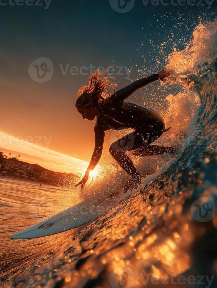 A female surfer in a black wetsuit rides a powerful wave during a dramatic golden sunset, with glowing splashes of water and strong action motion. photo