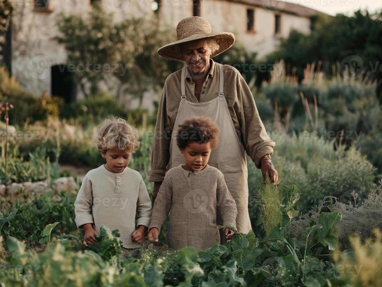 A warm, sunlit scene of an elderly person in a straw hat and linen overalls gardening with two small children in a lush vegetable garden. photo