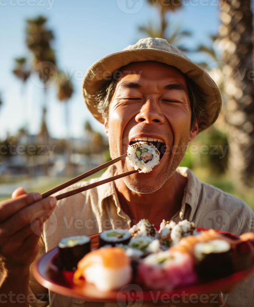 A man in a beige shirt and light hat opens his mouth wide to eat sushi held by chopsticks. photo