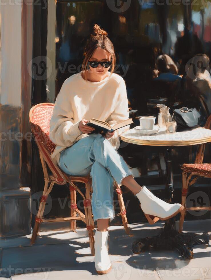 Stylized illustration of a young woman sitting in a street cafe, wearing a soft oversized white sweater, light blue jeans and white ankle boots. photo