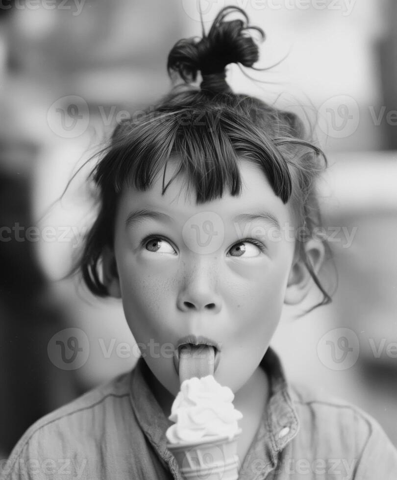 A black-and-white vintage photo of a little girl with a short haircut and a topknot ponytail, licking an ice cream cone with a funny expression, her eyes playfully rolled upward and sideways.