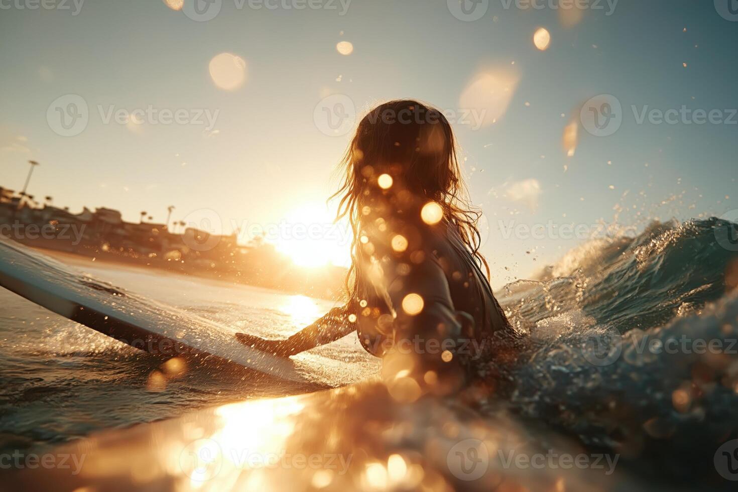 A silhouette of a surfer girl paddling on a surfboard during golden sunrise or sunset, glowing sunlight and dreamy reflections on the ocean surface. photo