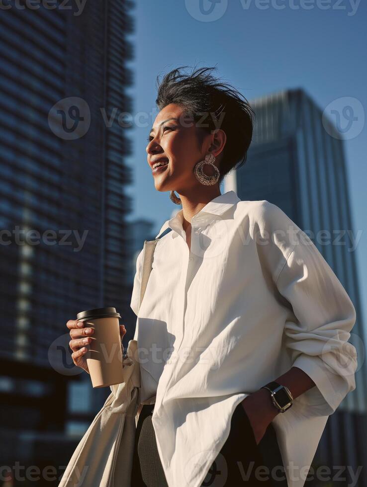 A confident young woman in a white shirt holding a coffee cup against a backdrop of modern skyscrapers. She is smiling, illuminated by warm sunset light. photo
