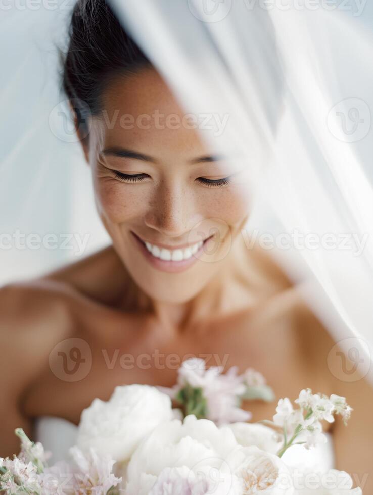 Close-up portrait of a smiling bride in a strapless white dress, holding a soft pastel bouquet in front of her and gently lowering her veil over her face. photo