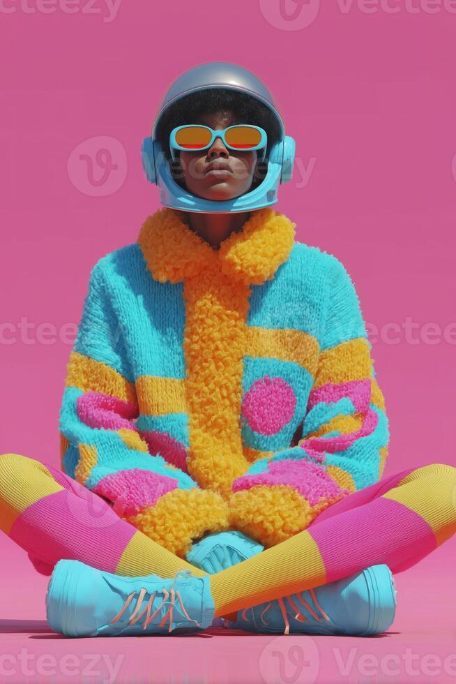 A futuristic fashion editorial image of a woman sitting cross-legged on the ground against a bold pink background. photo
