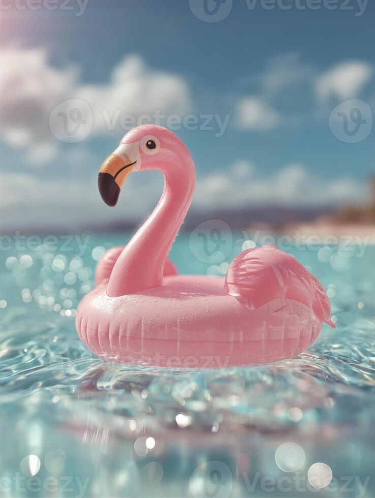 A pink flamingo float drifts in crystal-clear turquoise water under the sun. photo