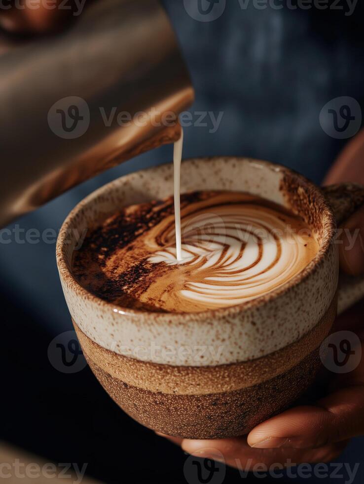 Macro close-up of milk being poured into a latte with cocoa powder and swirled latte art, captured in a handmade ceramic cup. photo