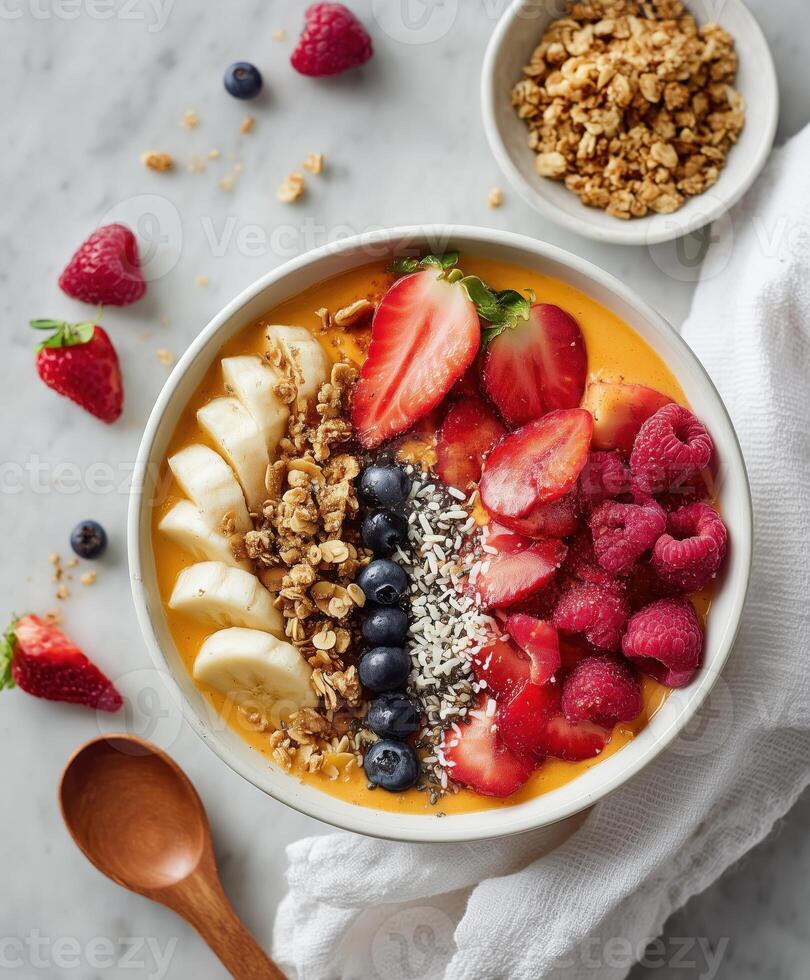A vibrant smoothie bowl with a mango base, topped with fresh strawberries, raspberries, blueberries, banana slices with chia seeds, and sprinkled granola. photo