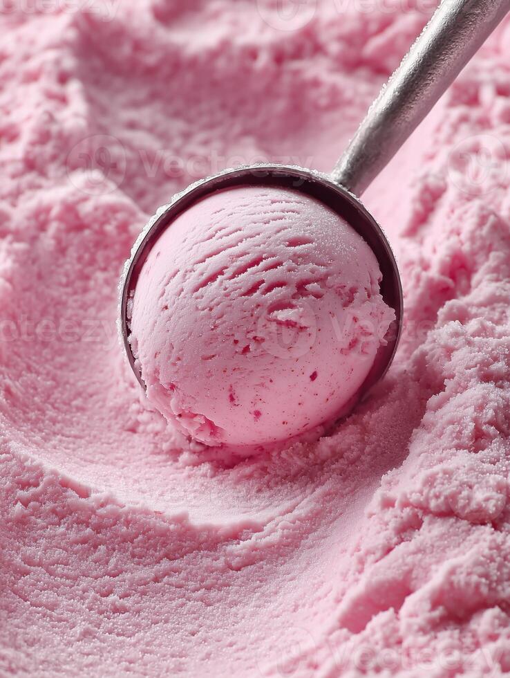Close-up of a metal ice cream scoop lifting a ball of soft pink ice cream with a creamy texture and light speckles. photo