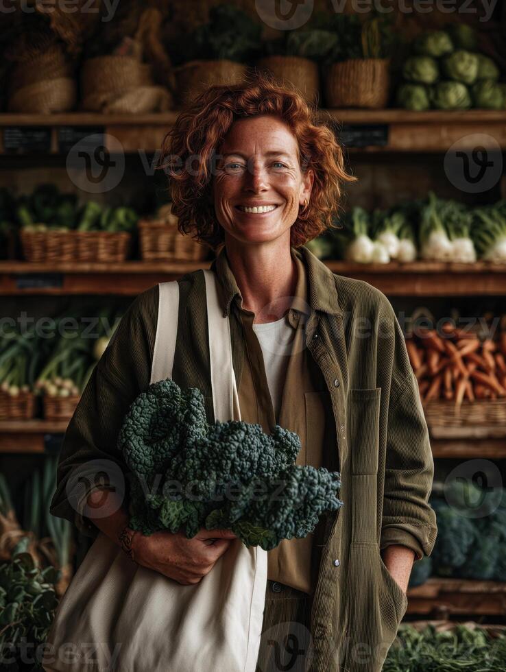 A realistic and cheerful portrait of a smiling red-haired woman standing in front of a rustic vegetable stall at a local farmers market. photo