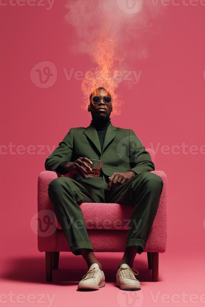 A confident Black man in a stylish dark green suit is sitting in a textured pink armchair against a solid pink background. He wears round sunglasses and holds a glass of whiskey in his hand. photo