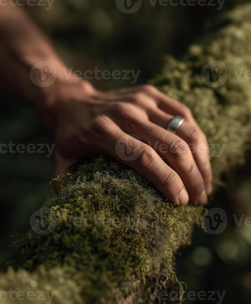 A close-up image of a human hand with a silver ring gently resting on a moss-covered tree branch. photo