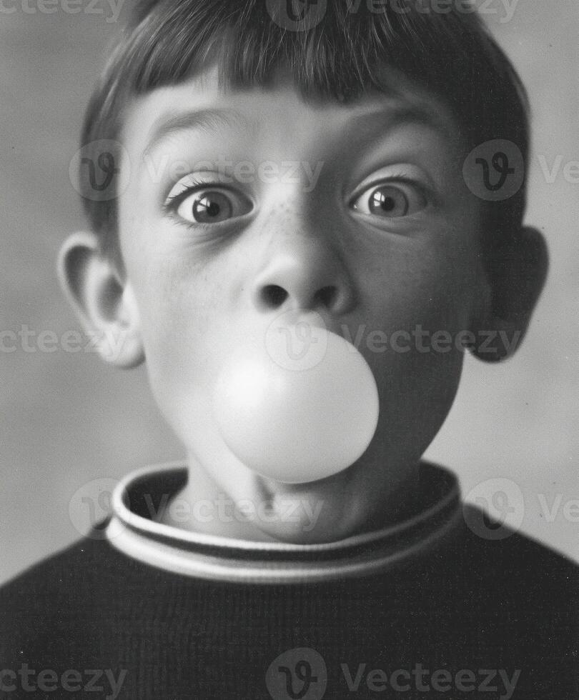 A freckled boy with messy hair blows a pink bubble gum bubble making a silly and mischievous expression. photo