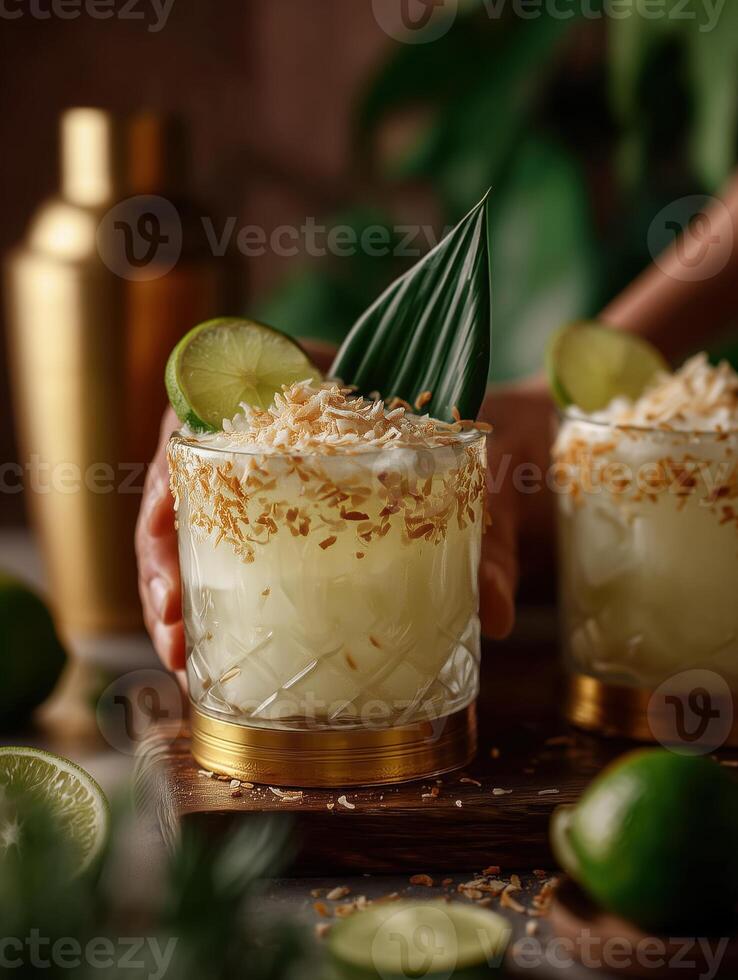 Creamy light beige cocktail in a glass with a golden base, garnished with a slice of lime, a tropical green leaf, and a rim of toasted coconut flakes. photo