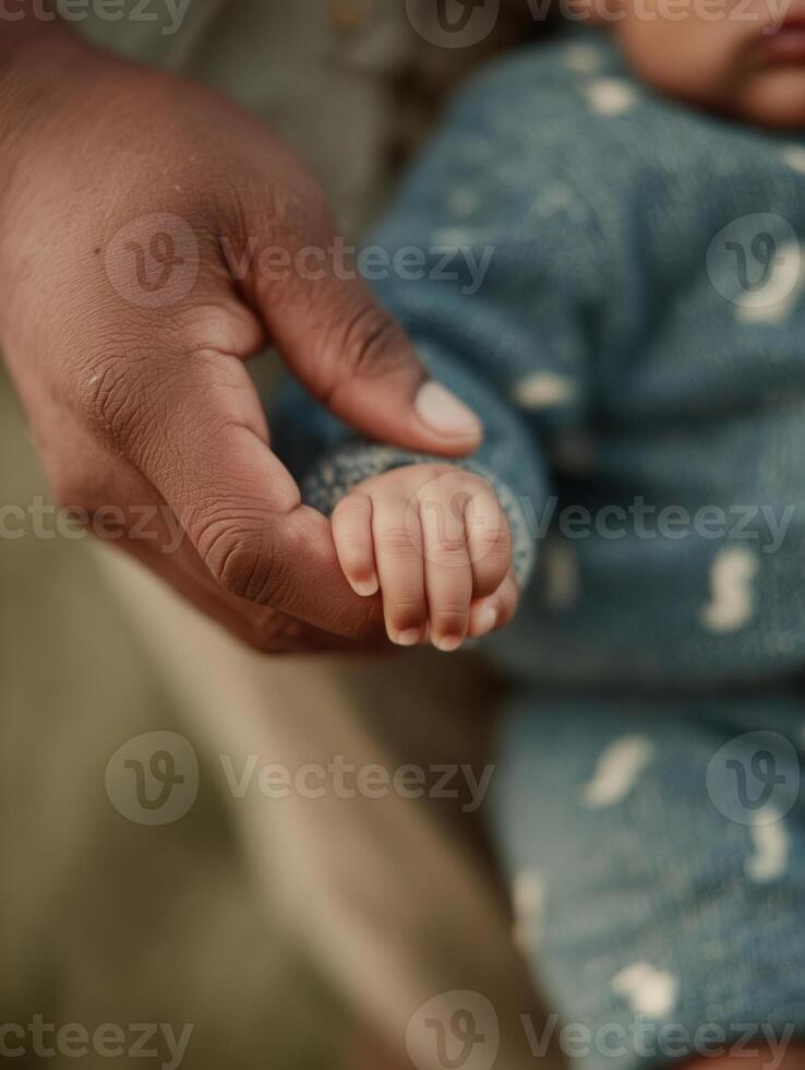 A tender close-up of a baby gently grasping an adults finger, conveying warmth, connection, and care. photo