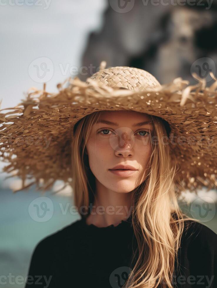 A serene and elegant young woman with long blonde hair wearing a wide-brimmed, slightly messy straw hat, standing near a rocky coastline. photo