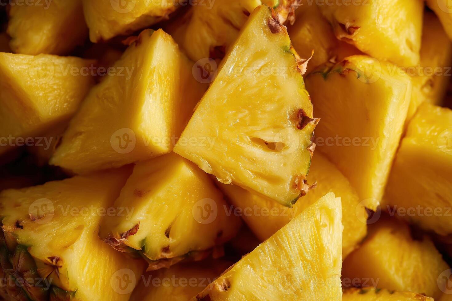 Macro photography of sliced ripe pineapple chunks, densely arranged with no background. photo