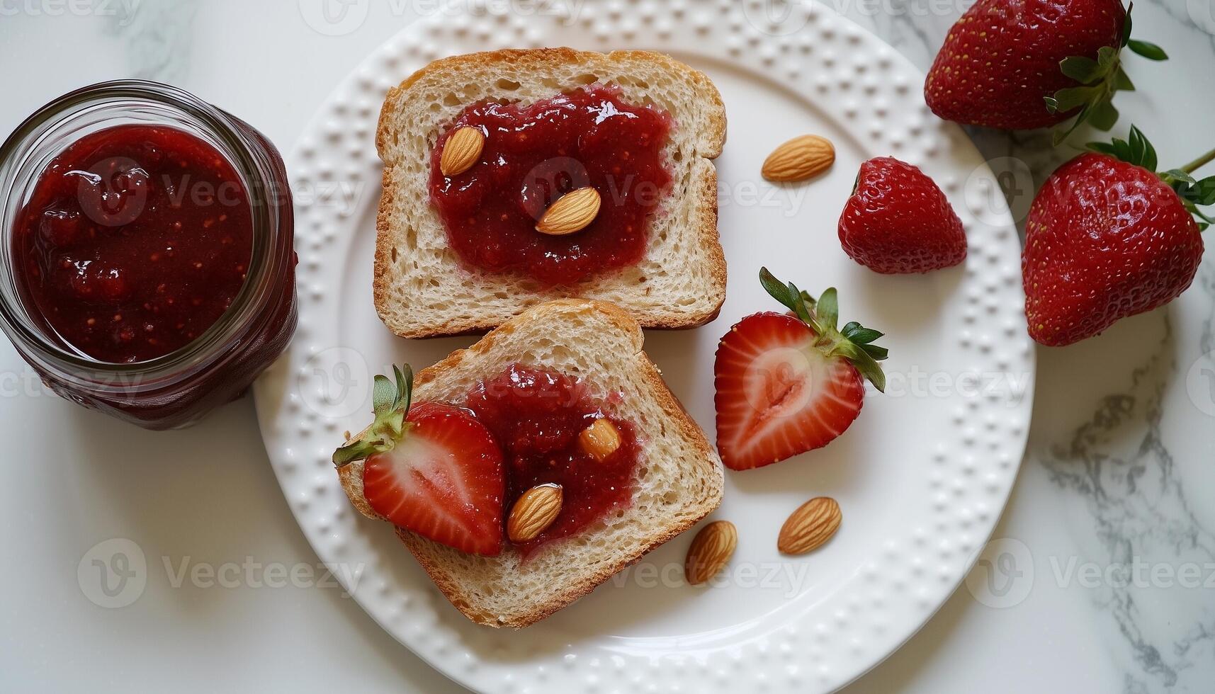 Loaf bread slices strawberry with butter and almond for simple breakafast on white plate photo