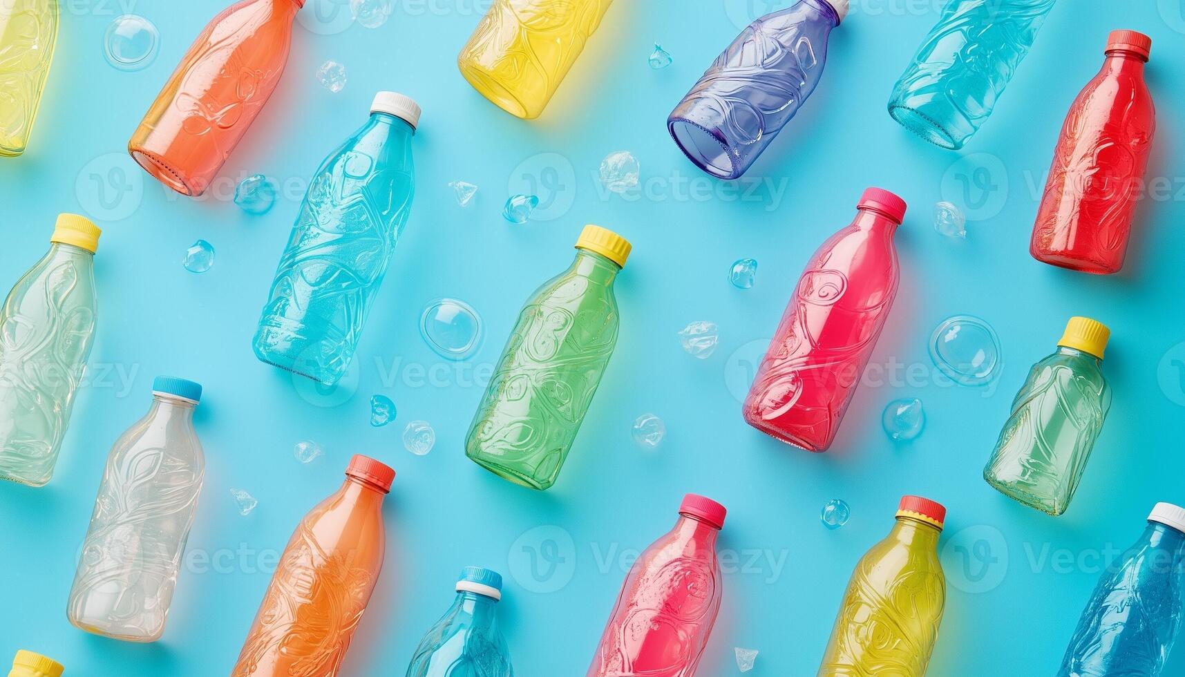 Colorful empty transparent plastic bottle drink mineral water container blue background photo