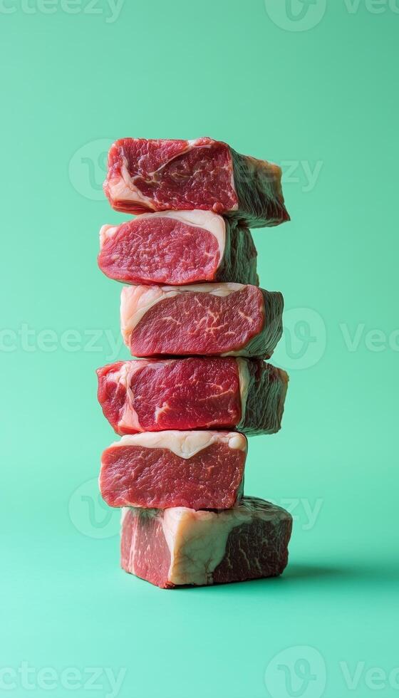 Arranged stack fresh beef slices un cook in blue story vertical background photo