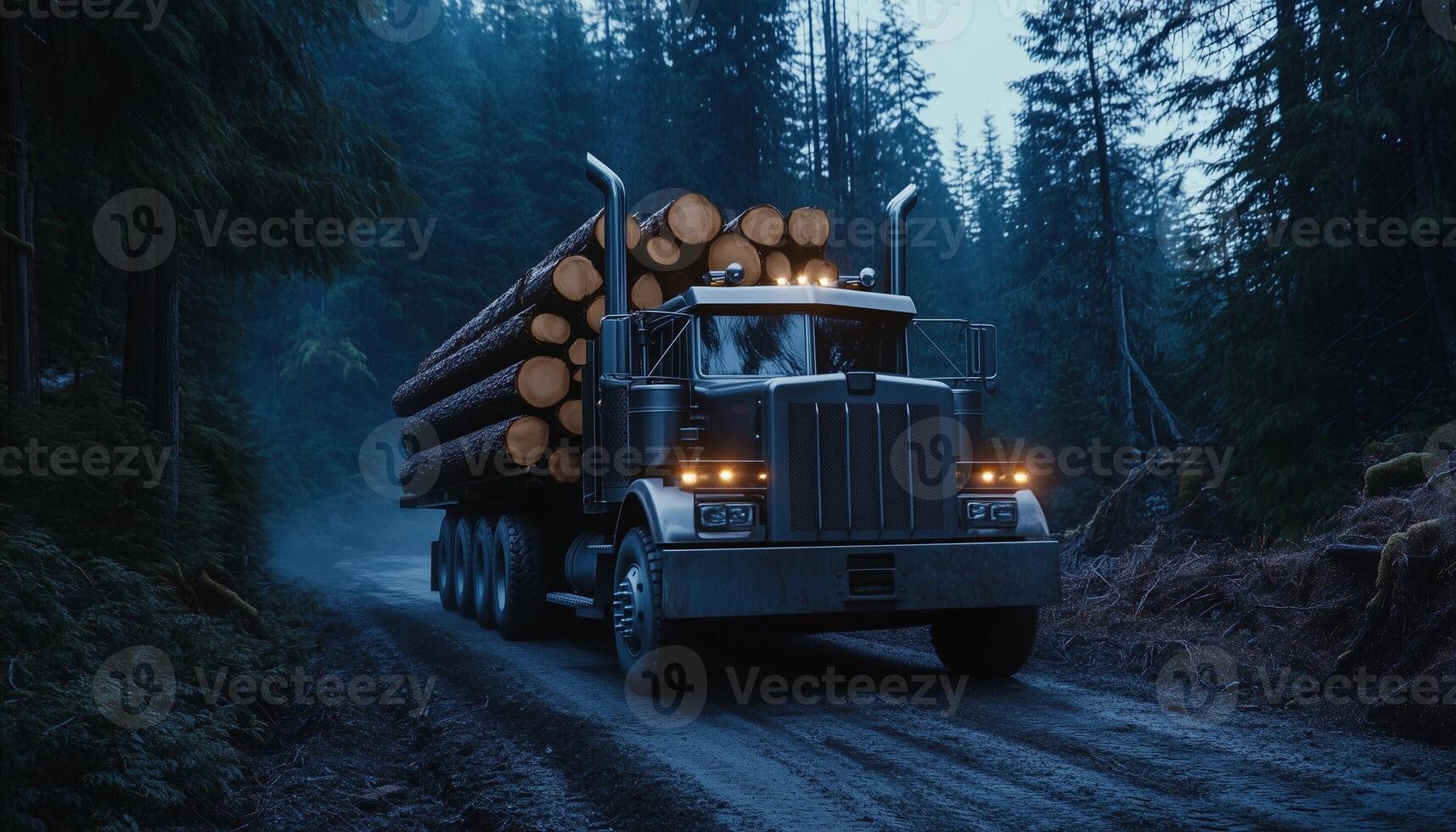 A logging truck loaded with cut tree trunk from forest for transportation photo