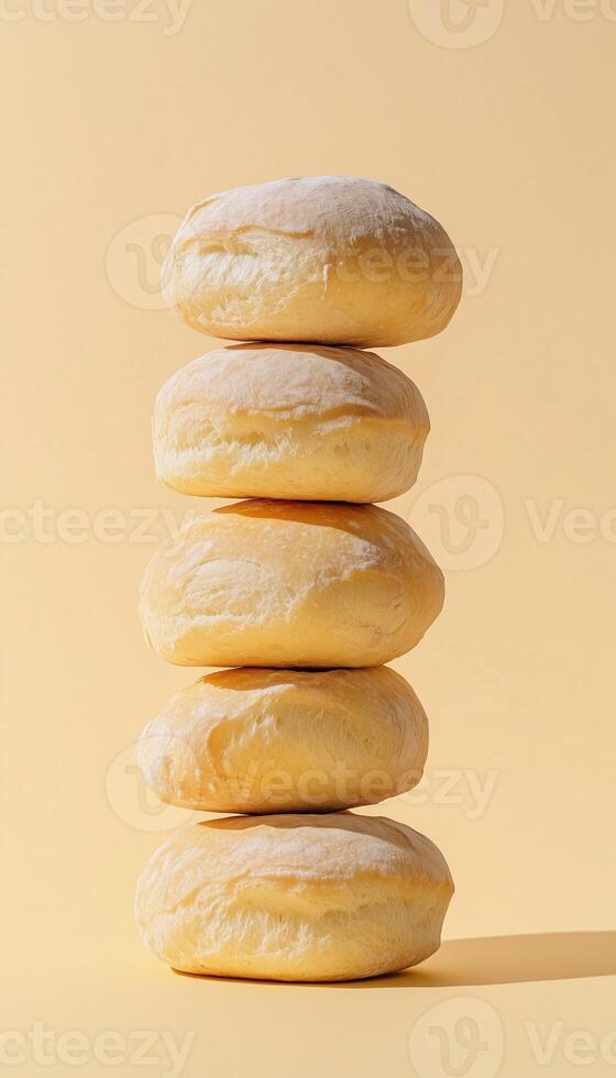 Bun bread stack with sugar flour for snack food in peach isolated vertical background photo