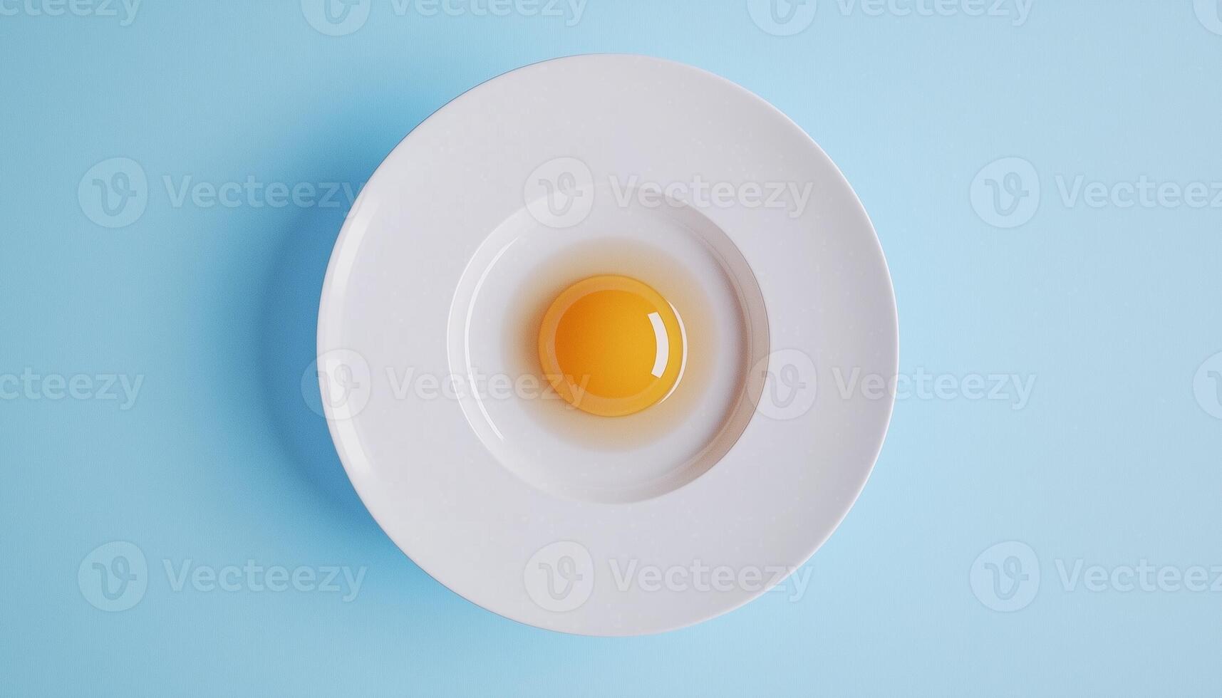 Chicken eggs un cooking on white ceramic plate in solid blue background photo
