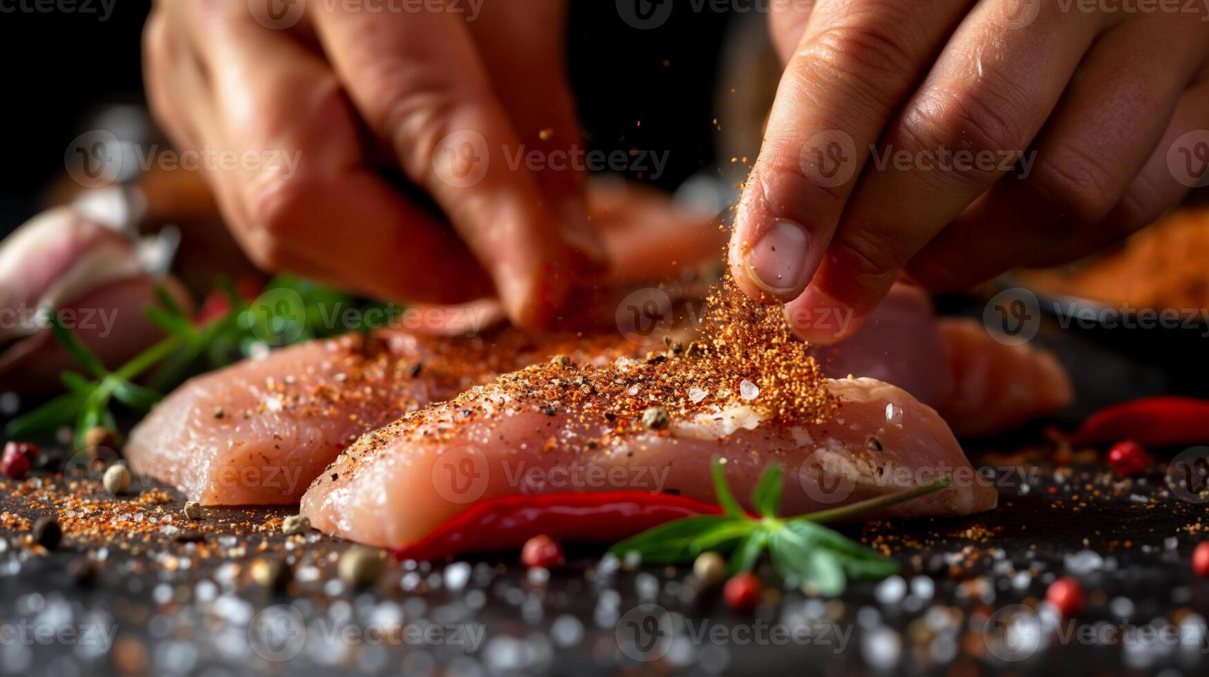 Close Up detail of hand seasoning chicken meat. photo