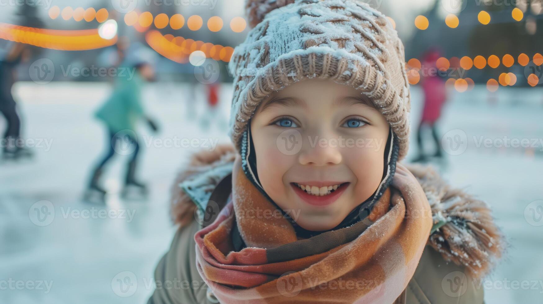 A close-up of a Canadian child on an ice rink, wearing a cozy hat and scarf. photo