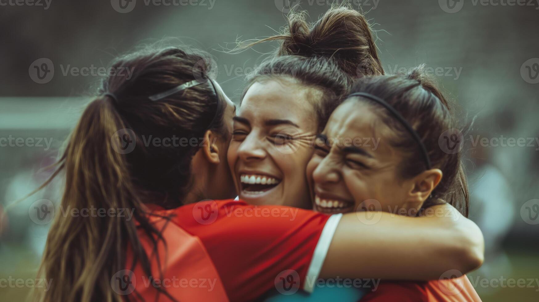 three lady soccer players embracing each other celebrating victory photo