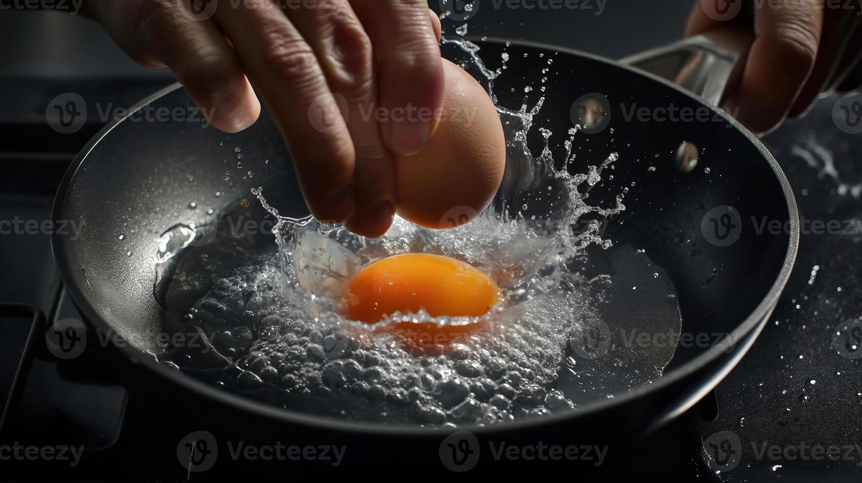 Close up Detail of Hand Making Frying Egg in Cooking Pan. photo