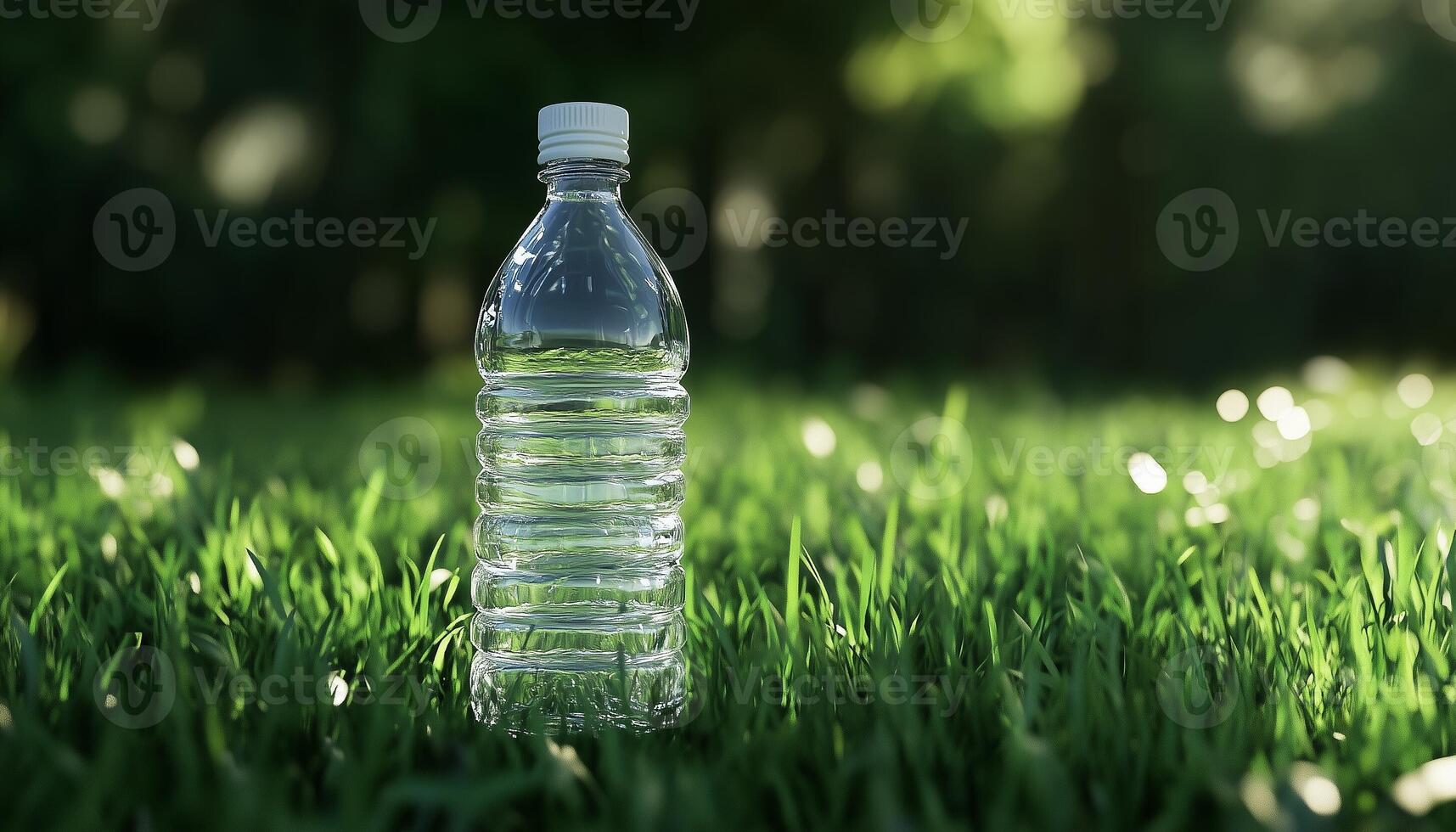 Bottle empty water mineral drink on green grass fresh outdoor park photo