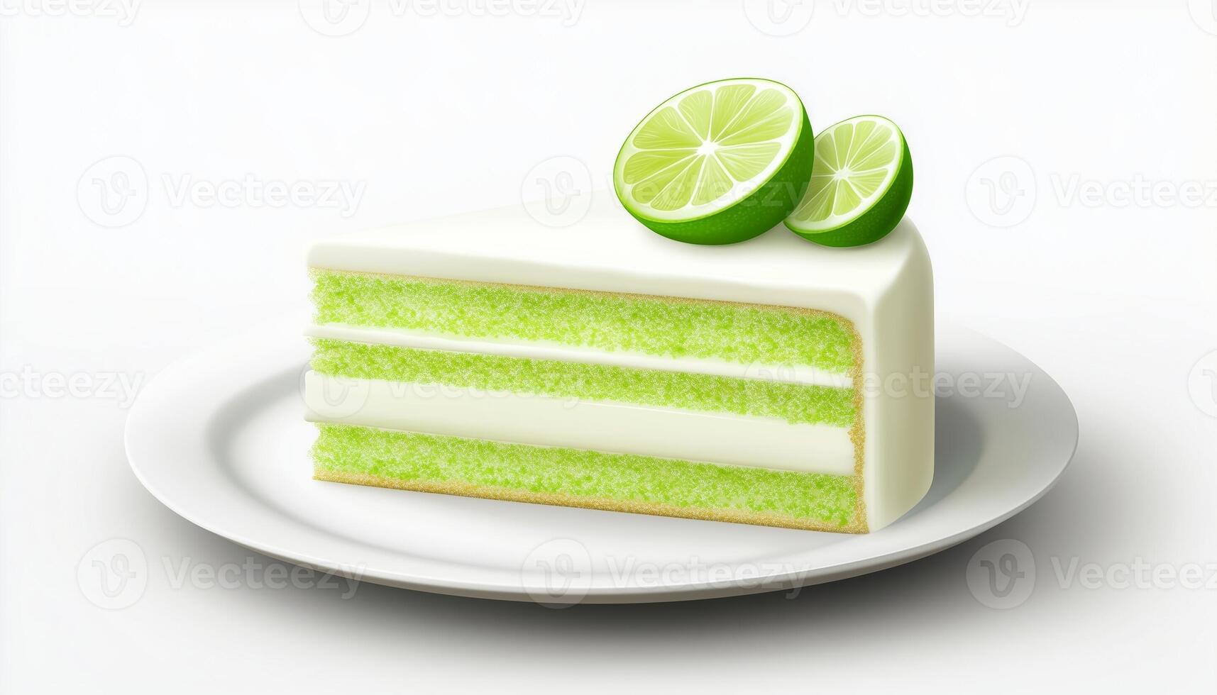 Lime citrus fresh fruit layered cake with white cream and green sponge bake on plate photo