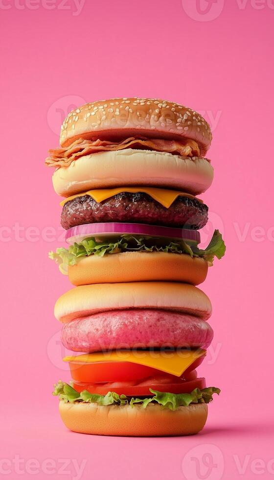 Burger stack with baked beef, vegetable and, cheese bun bread on pink vertical background photo