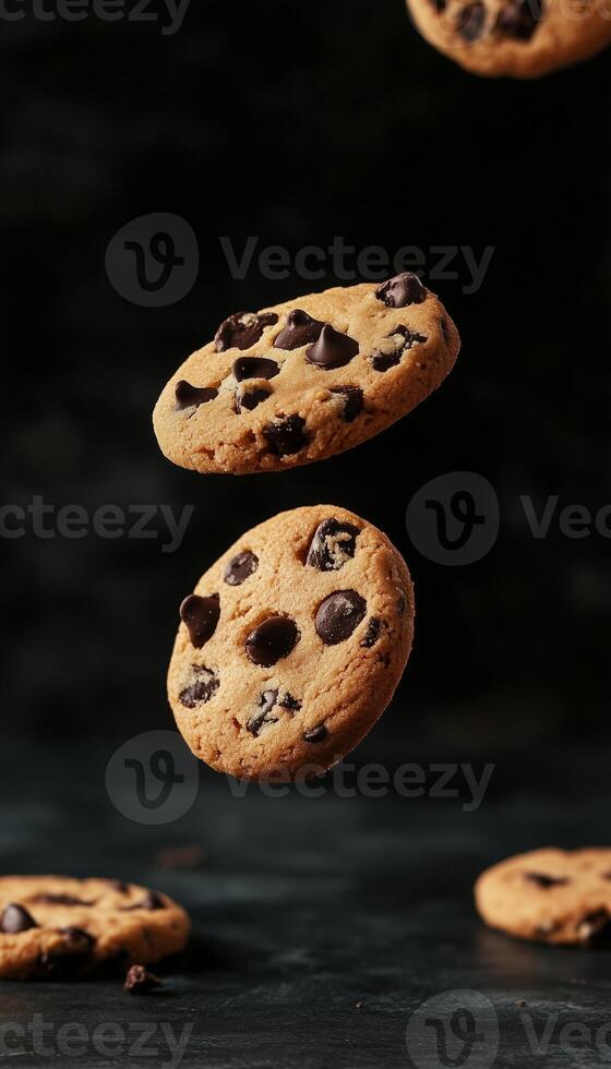Chocolate cookies floating on air with chips in dark background photo