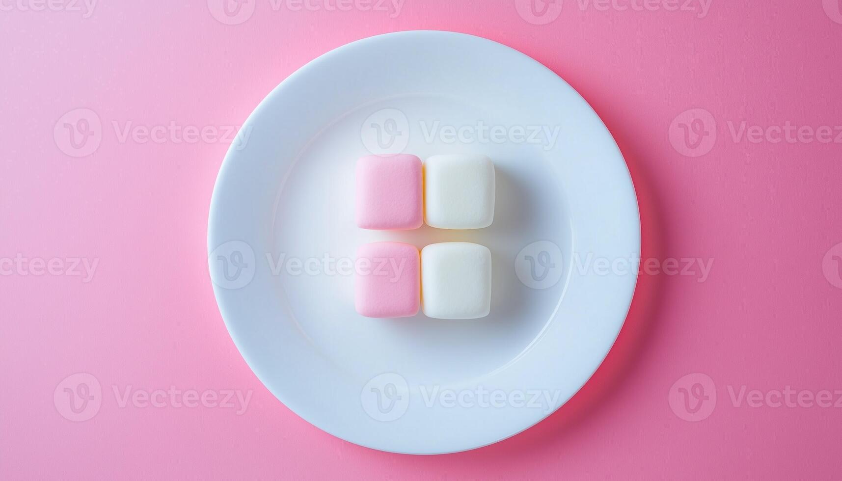 Marshmallow cubes on white plate on pink solid background photo