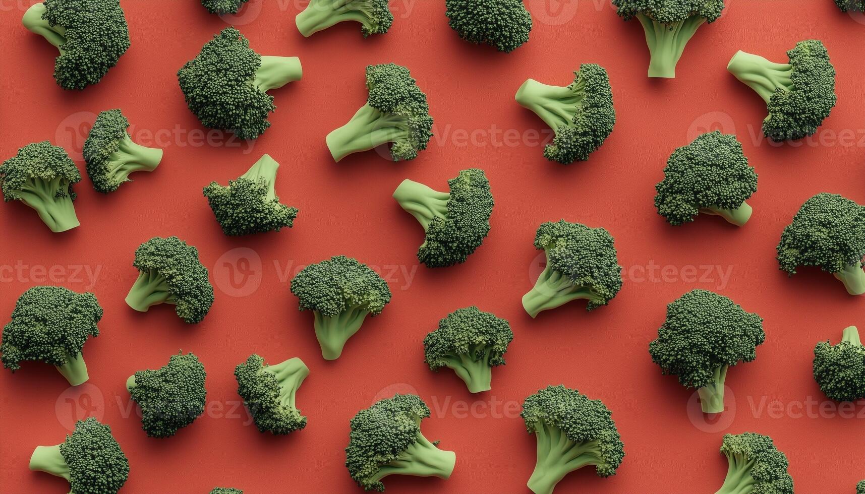 Broccoli vegetable arranged diagonal pattern on solid red background photo