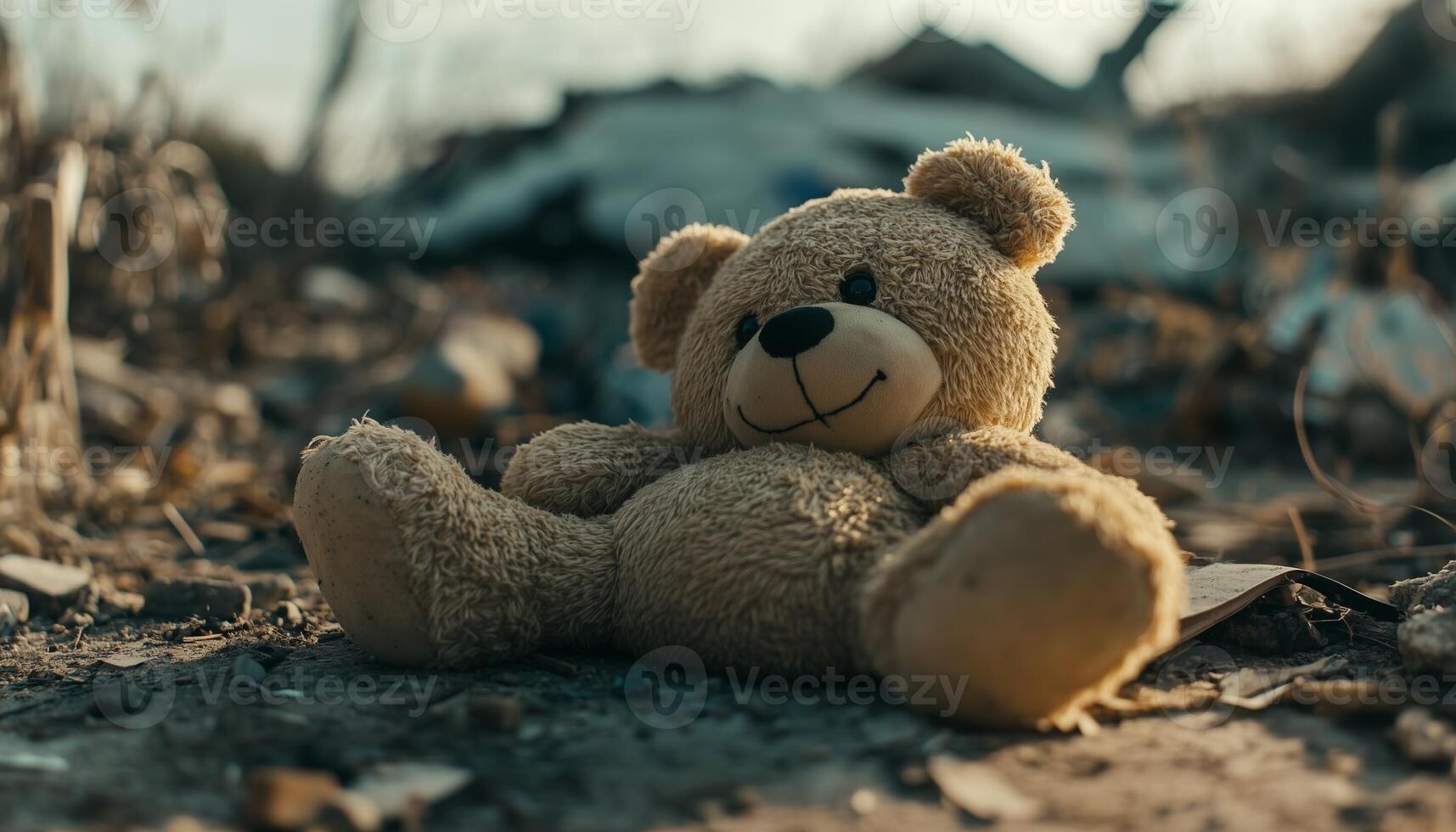 Bear doll dirty on ground soil after disaster land photo