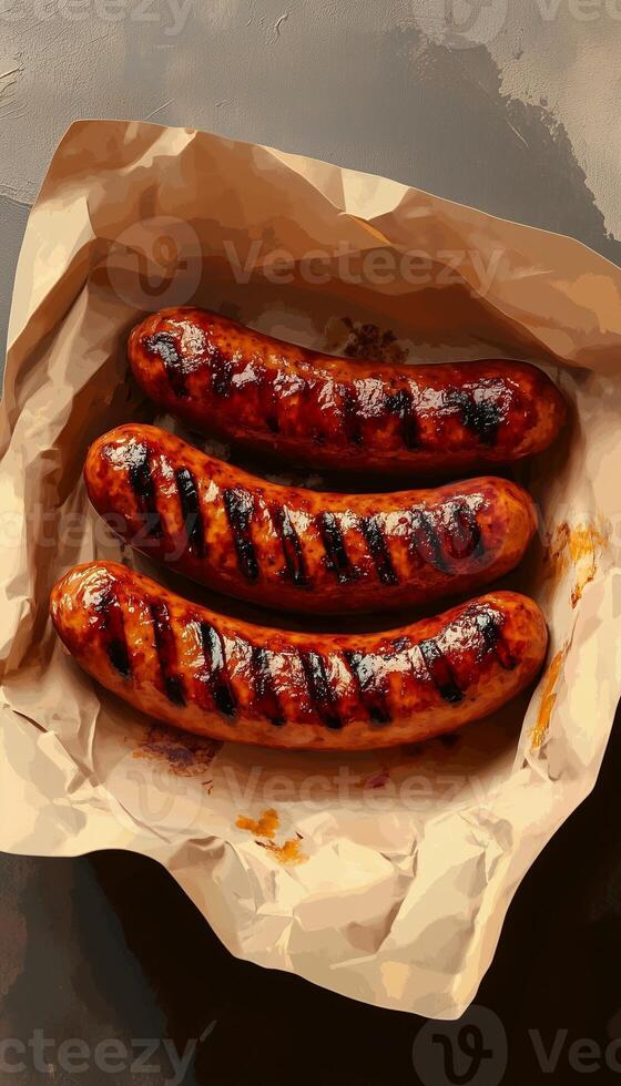 Sausage grill on brown paper wrap street food packaging photo