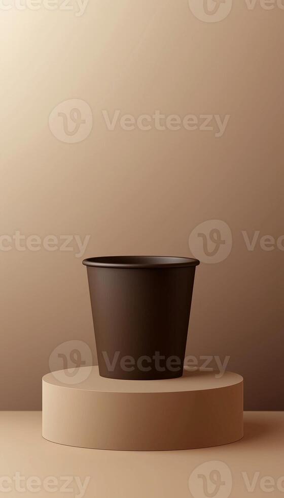Empty deep chocolate paper cup container drink on stage brown background photo