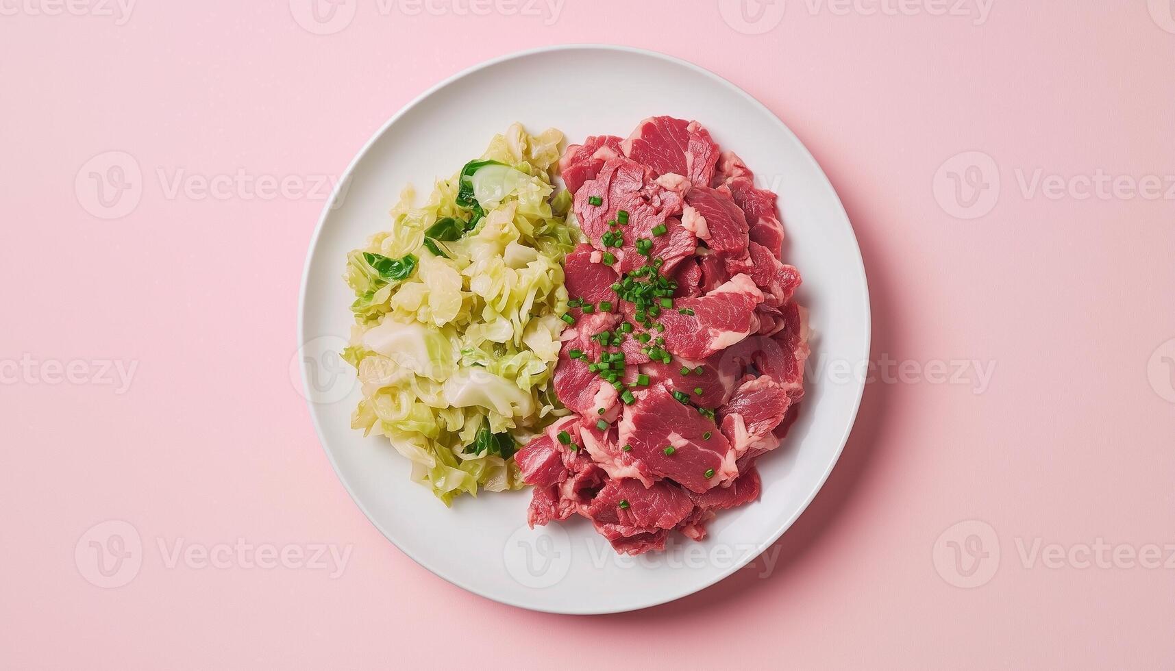 Fresh beef meat slice un cook with corn and cabbage on white plate photo