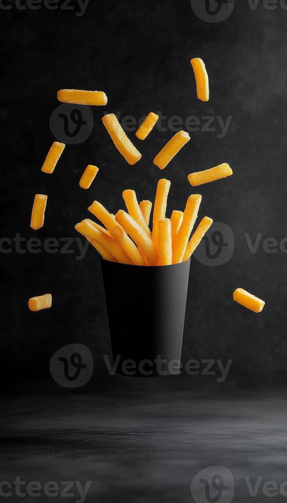 Potato stick fries floating on air with black vertical background photo