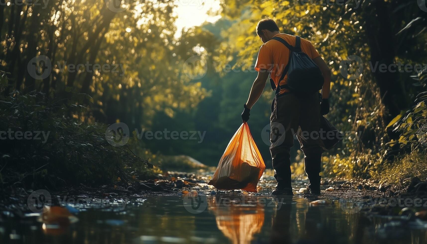A volunteer man collecting plastic trash on water river forest area photo