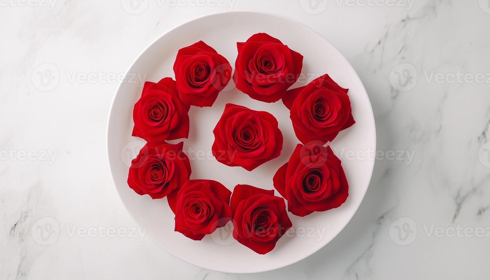 Red rose rounded arrange decoration on white plate photo