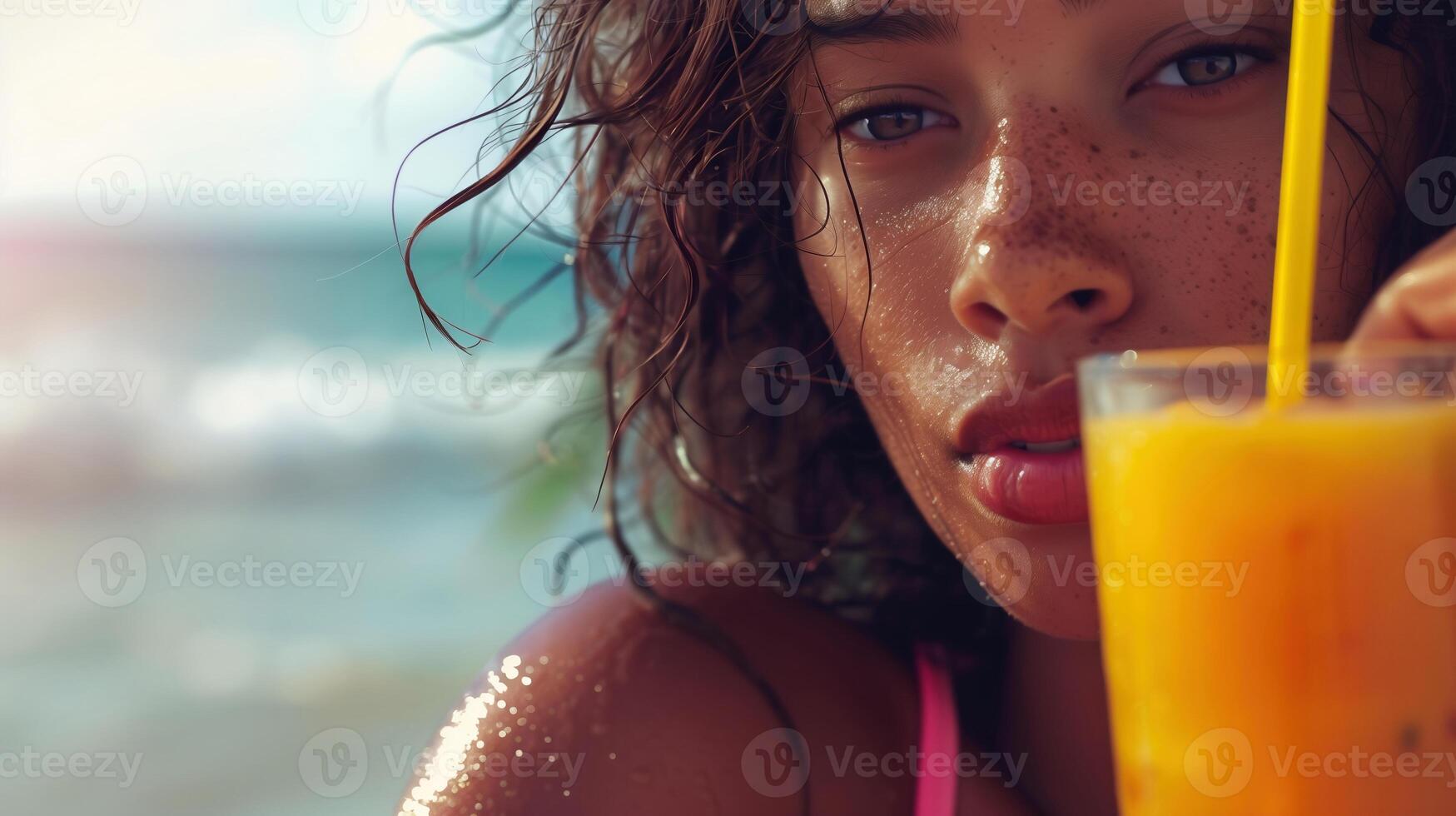 close up detail of beautiful samoan lady drinking passion fruit juice at the beach photo
